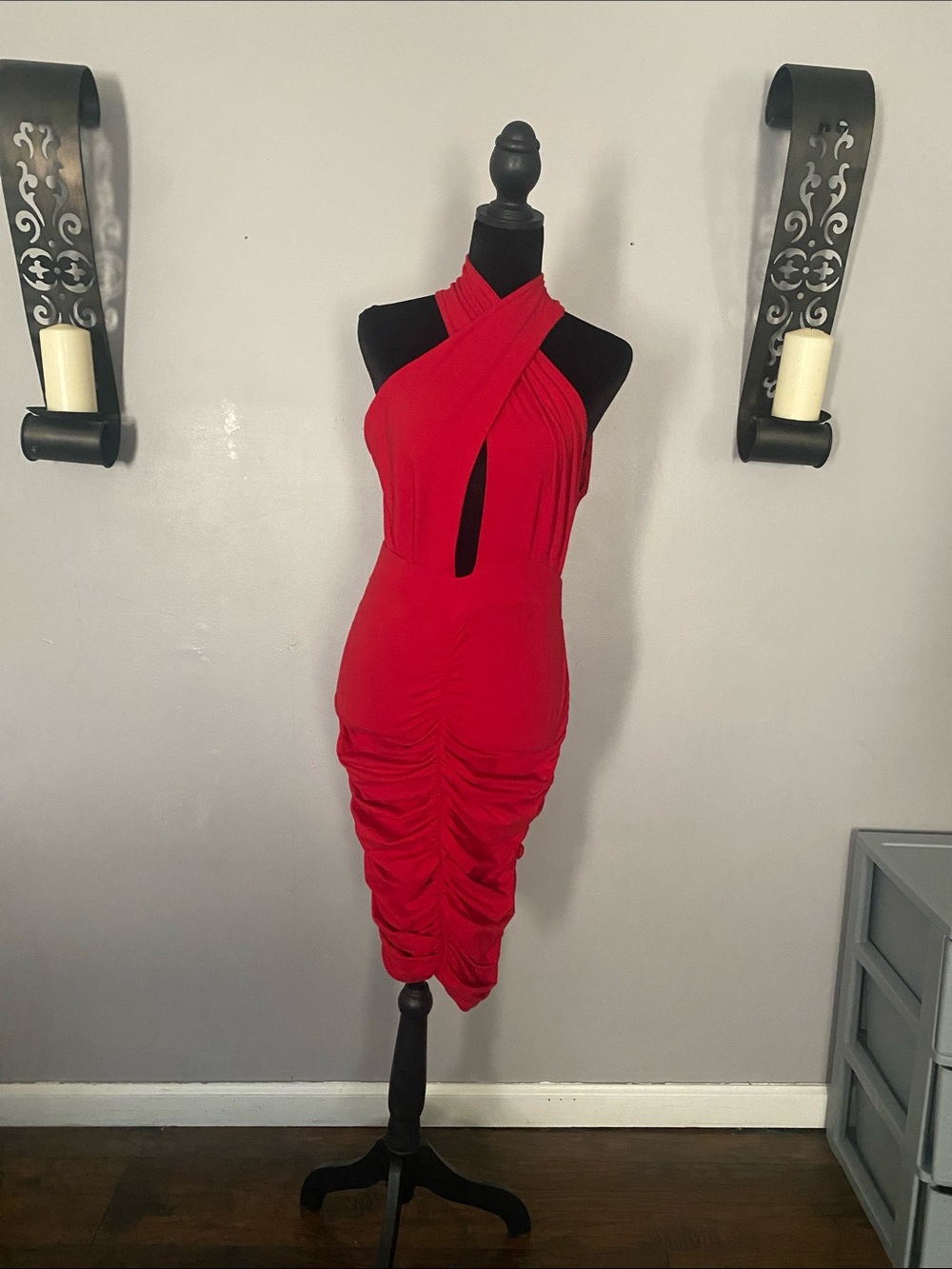 Rebdolls Red One-Shoulder Ruched Midi Dress